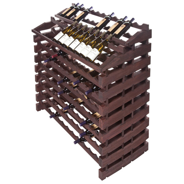 A Franmara stained wooden wine rack filled with wine bottles.