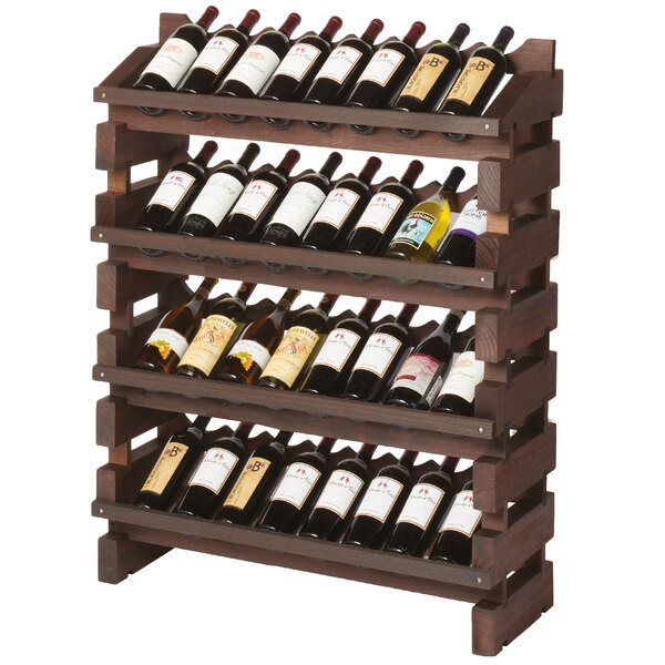 A Franmara stained wooden wine rack with several bottles of wine on it.