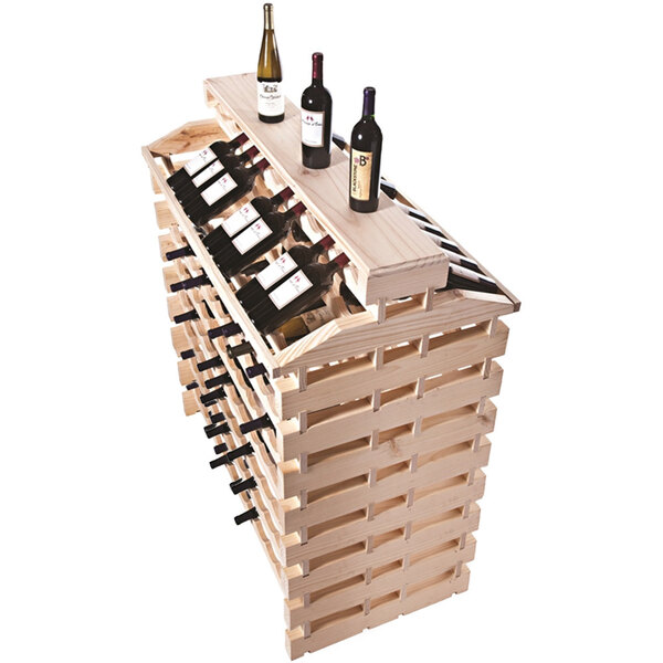 A Franmara Natural Wooden Modular Wine Rack with bottles of wine on it.