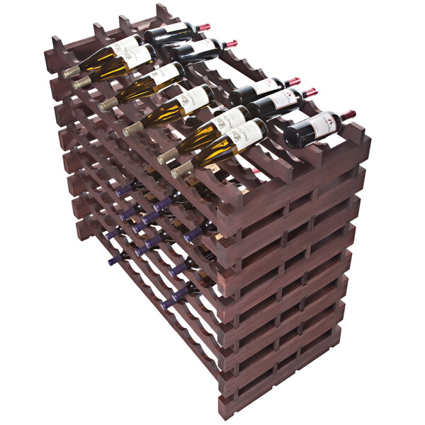 A Franmara stained wooden wine rack holding several wine bottles.