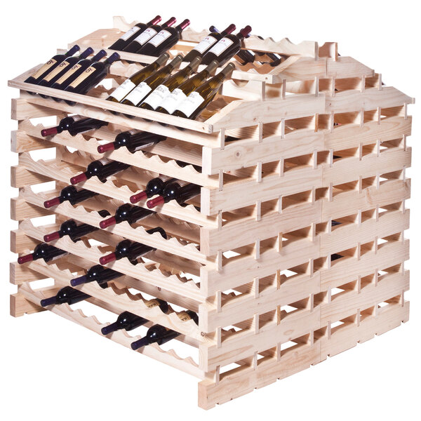 A Franmara natural wooden modular wine rack with wine bottles on it.