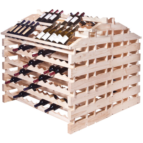 A Franmara natural wood wine rack holding rows of wine bottles.
