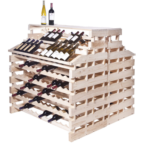 A Franmara Natural Wooden Modular Wine Rack with wine bottles stored in rows.