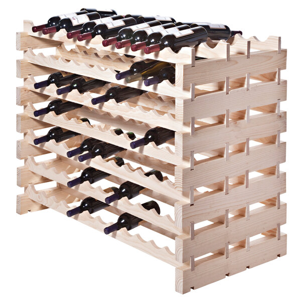 A Franmara natural wooden wine rack with wine bottles on top.