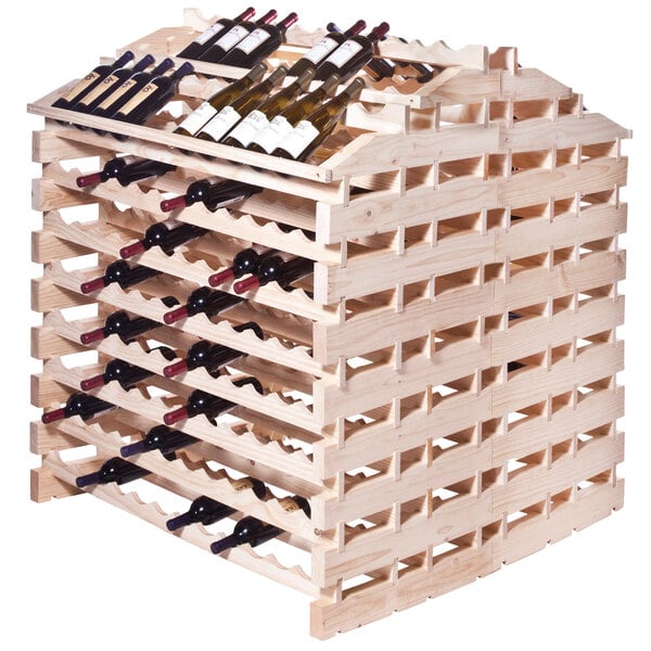 A Franmara natural wooden wine rack holding wine bottles.