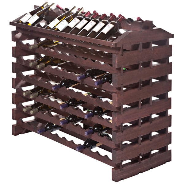 A Franmara stained wooden wine rack filled with bottles of wine.