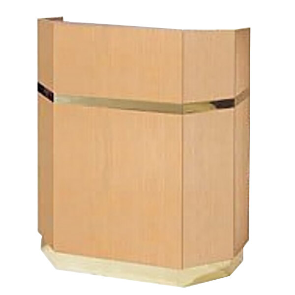 A pickled oak podium with a gold band on the front.