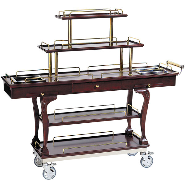 A wooden Bon Chef dessert cart with three tiers and wheels.