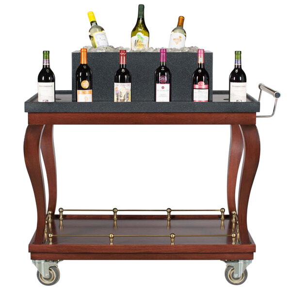 A Bon Chef mahogany wine cart with bottles of wine on a shelf.