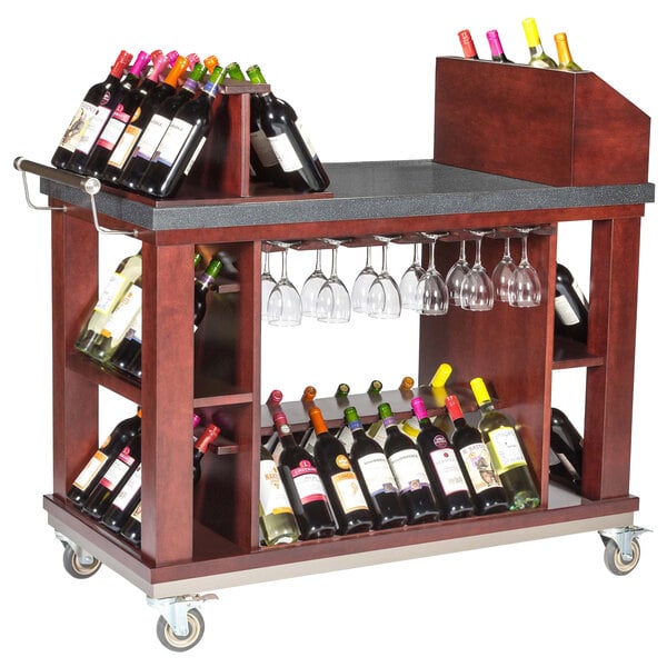 A Bon Chef mahogany wine cart with wine bottles and glasses.