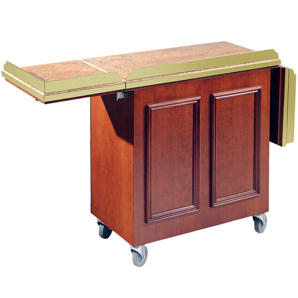 A Bon Chef wooden fold out cart with a sliding door.