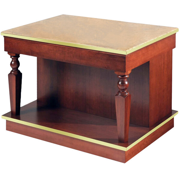 A wooden serving cart with a granite top and shelf.