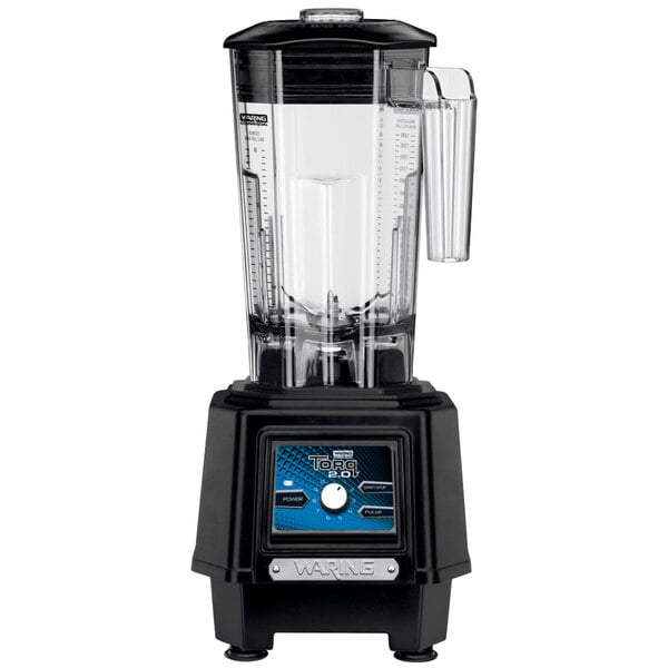 A Waring TBB175 commercial blender with black and clear components.