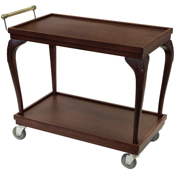 A Bon Chef Neo Mahogany wooden serving cart with wheels and a handle.