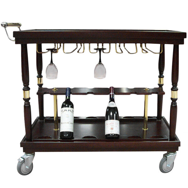 A Bon Chef wine serving cart with wine bottles and glasses on wheels.