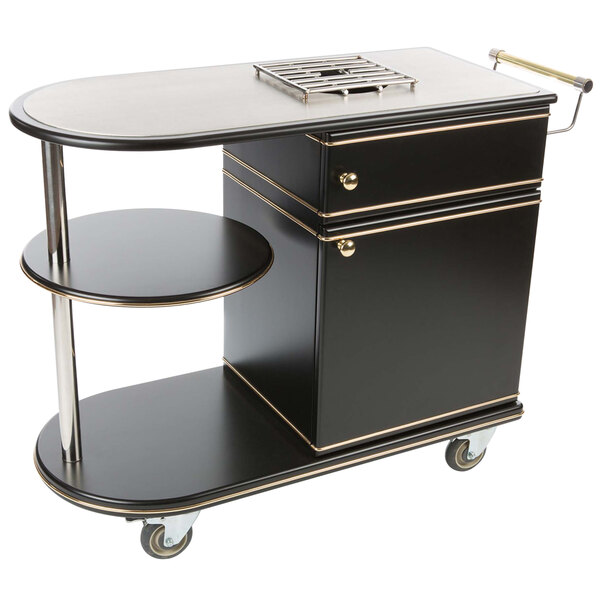 A black and gold Bon Chef Deco flambe cart with a shelf.