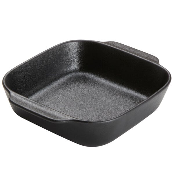 An American Metalcraft black matte porcelain square casserole dish with handles.
