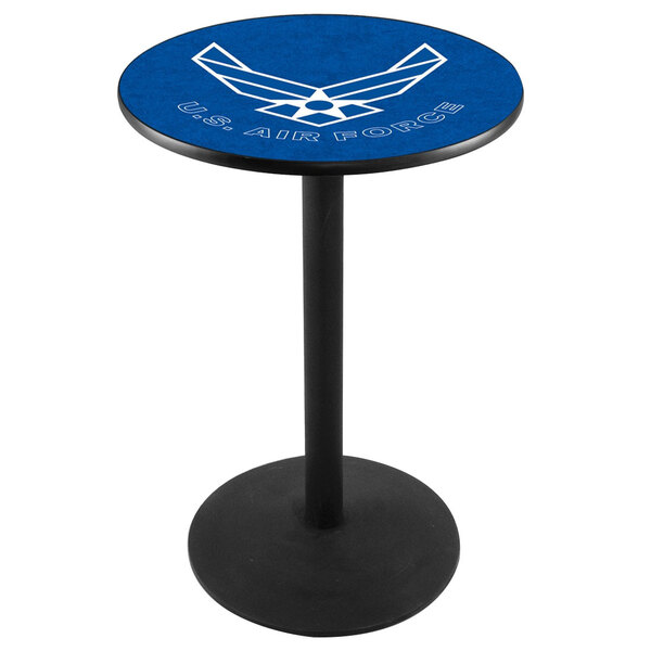 A blue Holland Bar Stool table with a United States Air Force logo on it.