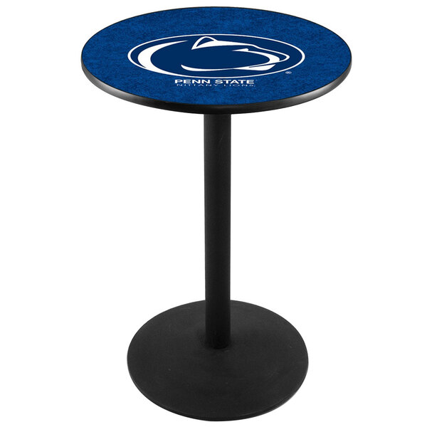 A Holland Bar Stool Penn State University pub table with a blue surface and logo on it.