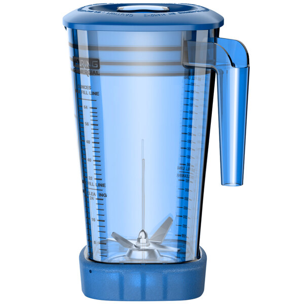 A blue Waring blender jar with a blue handle and lid.