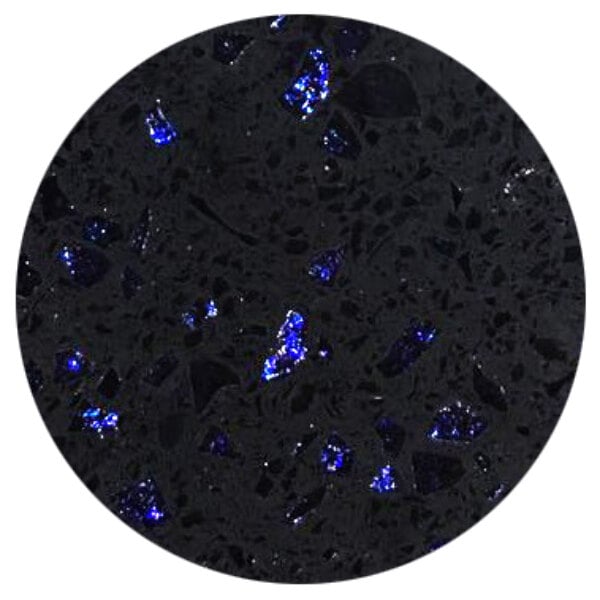 A black circle with blue speckled pieces of galaxy quartz.