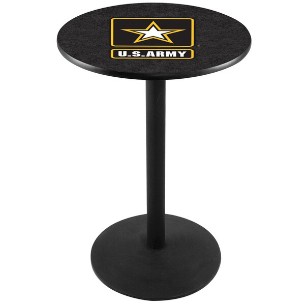A black Holland Bar Stool round counter height pub table with a United States Army logo on it.