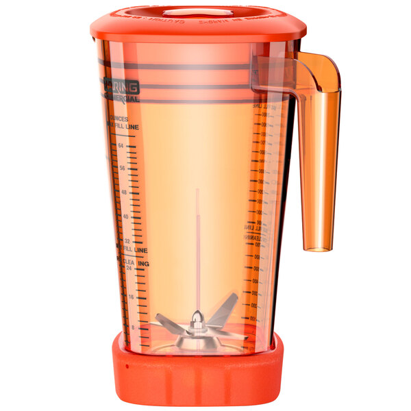 The orange Waring Raptor blender jar with a handle.