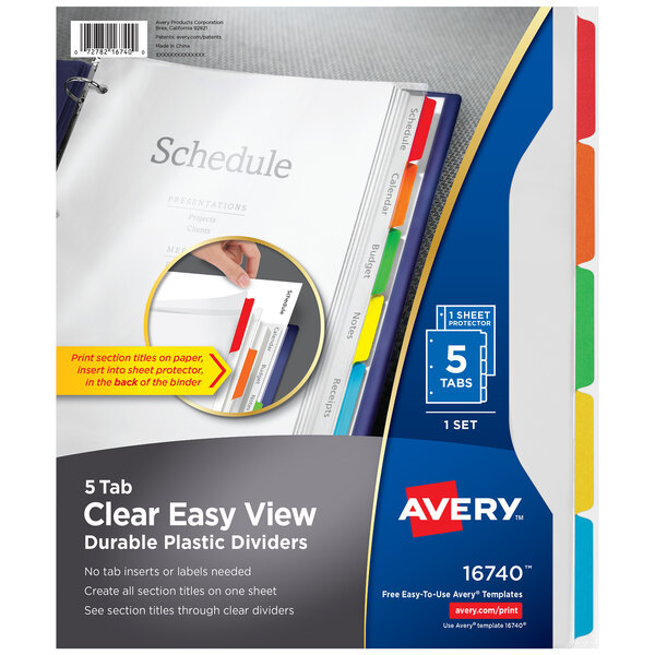 A package of Avery clear easy view plastic dividers with a blue folder in the background.