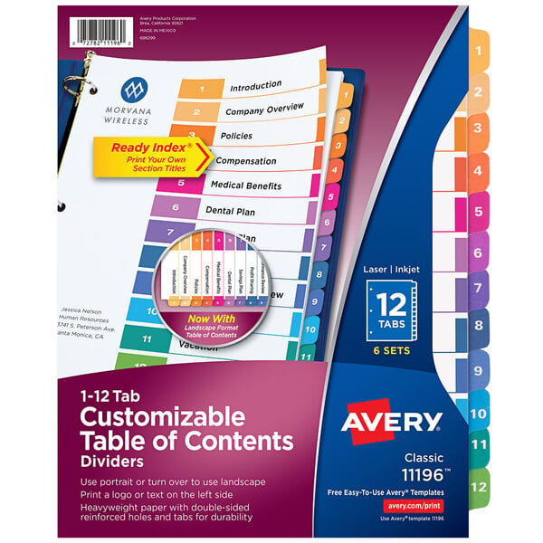 A package of 6 Avery 12-tab customizable table of contents dividers with colorful tabs.