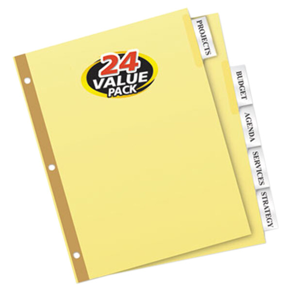 A yellow file folder with Avery clear insertable dividers with white text on yellow tabs.