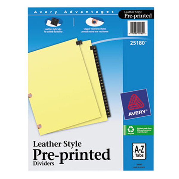 A package of Avery black leather A-Z tab dividers with a yellow paper and black corners.