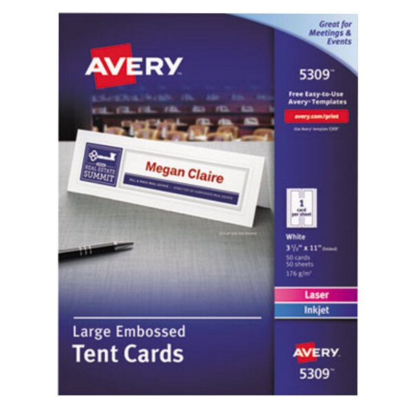 The white packaging of Avery White Large Embossed Tent Cards with a close-up of the card.