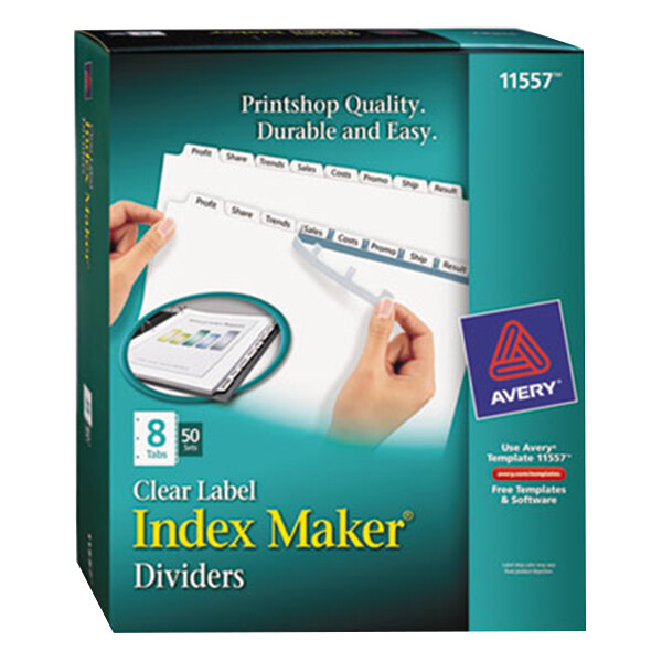 A box of Avery Index Maker 8-Tab Dividers with Clear Label Strips.