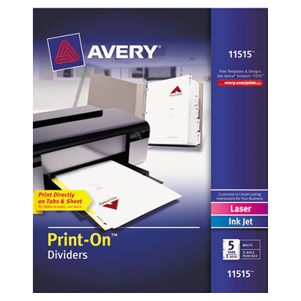 A package of Avery Print-On white divider tabs.