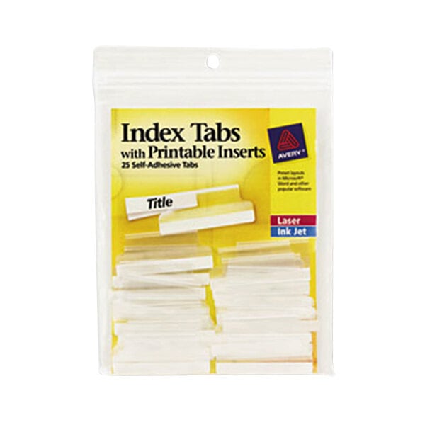 A package of Avery 1 1/2" clear plastic index tabs with printable inserts.