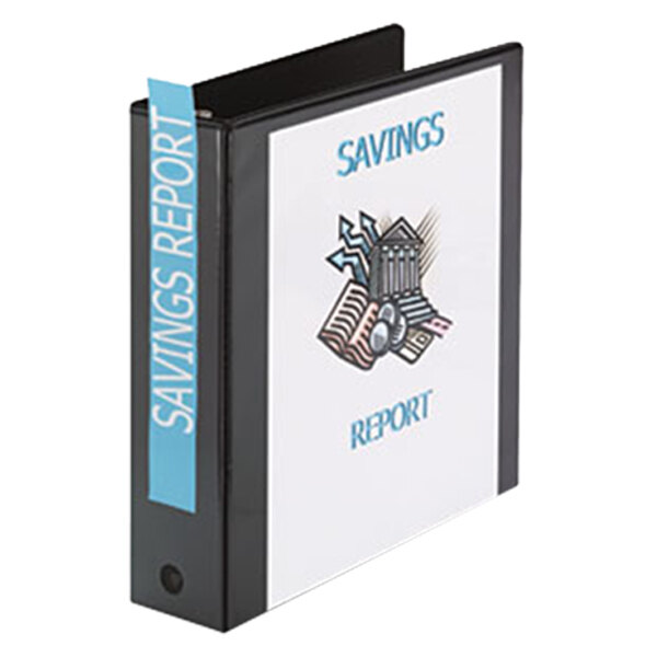 A black binder with a white cover and the words "savings report" in white.