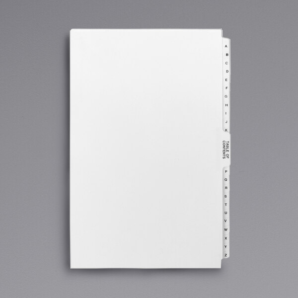 A white file folder with Avery A-Z side tab dividers.