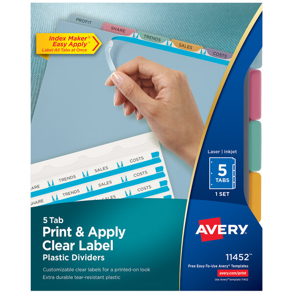 A hand holding a box of Avery Index Maker plastic dividers with clear labels.