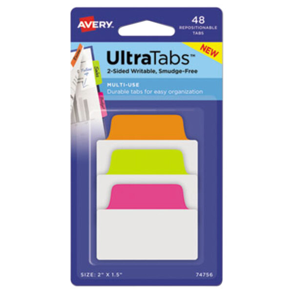 Avery Ultra Tabs in assorted neon colors on several folders.