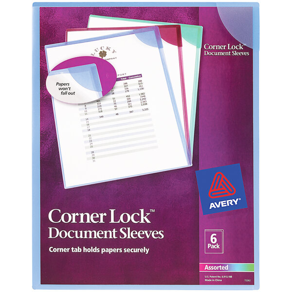 A purple Avery® box of 6 corner lock document sleeves in assorted colors.
