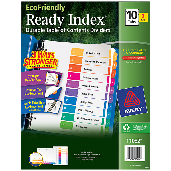A box of Avery Eco-Friendly Ready Index tabs with colorful labels.