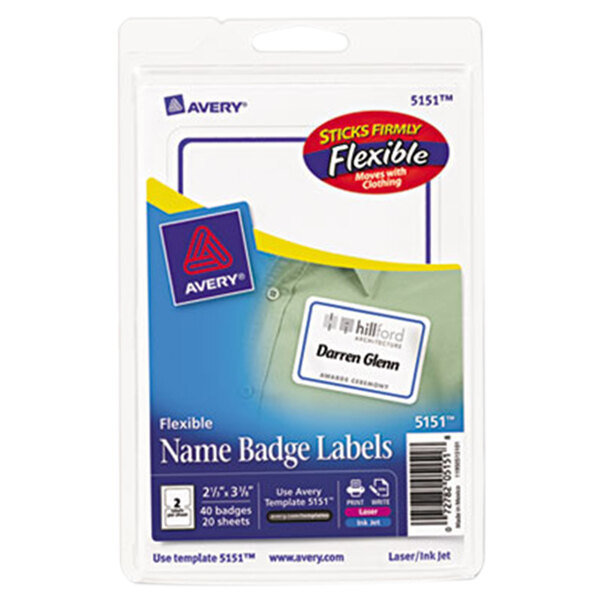 A pack of 40 white Avery name badge labels with blue border and yellow accents.
