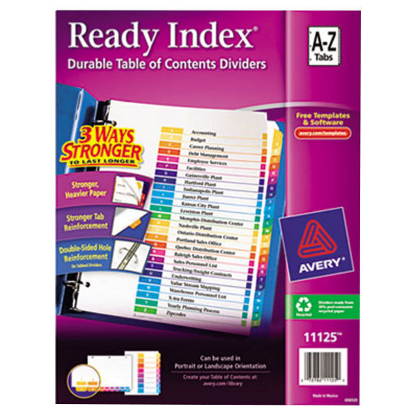 A purple box of Avery Ready Index multicolored table of contents dividers.