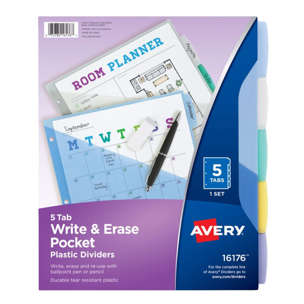 A box of Avery Write-On Plastic Pocketed Dividers with blue and white tabs.