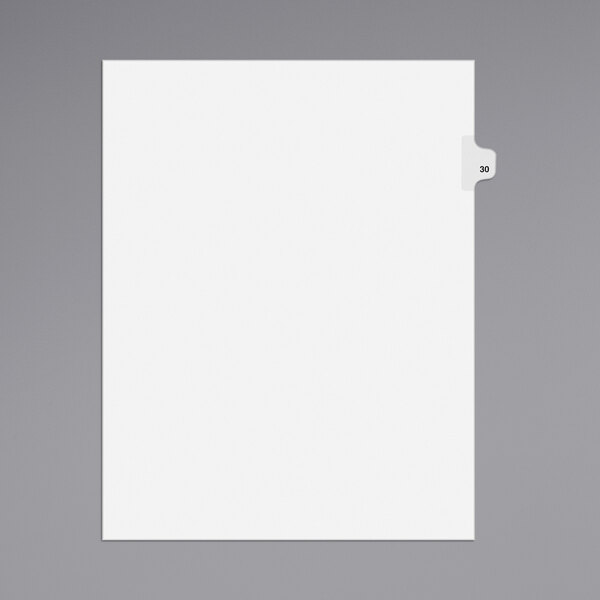A white rectangular Avery file divider tab with black number 30.