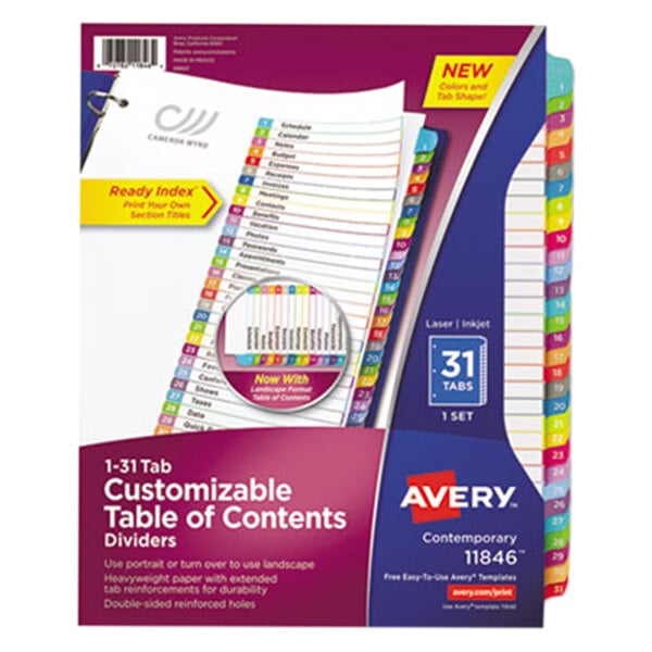 An Avery® 12-Page Monthly Table of Contents Divider with a blue and purple circular design.