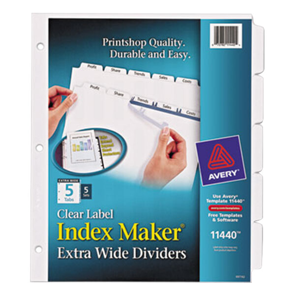 A package of Avery Index Maker Extra Wide 5-Tab Dividers with a blue and red label strip.