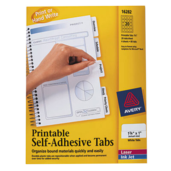 A hand holding Avery white self-adhesive tabs with a yellow box.