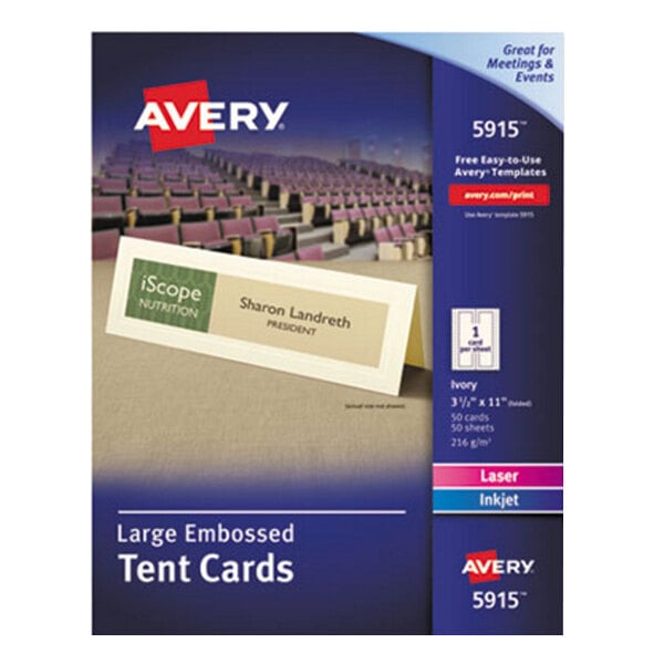 A package of Avery Ivory Large Embossed Tent Cards with a white Avery label.