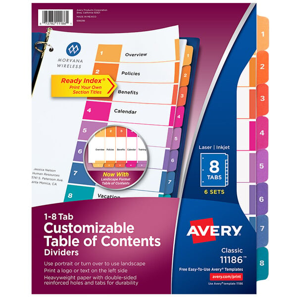 A package of 6 Avery® tabbed dividers with 8 tabs.